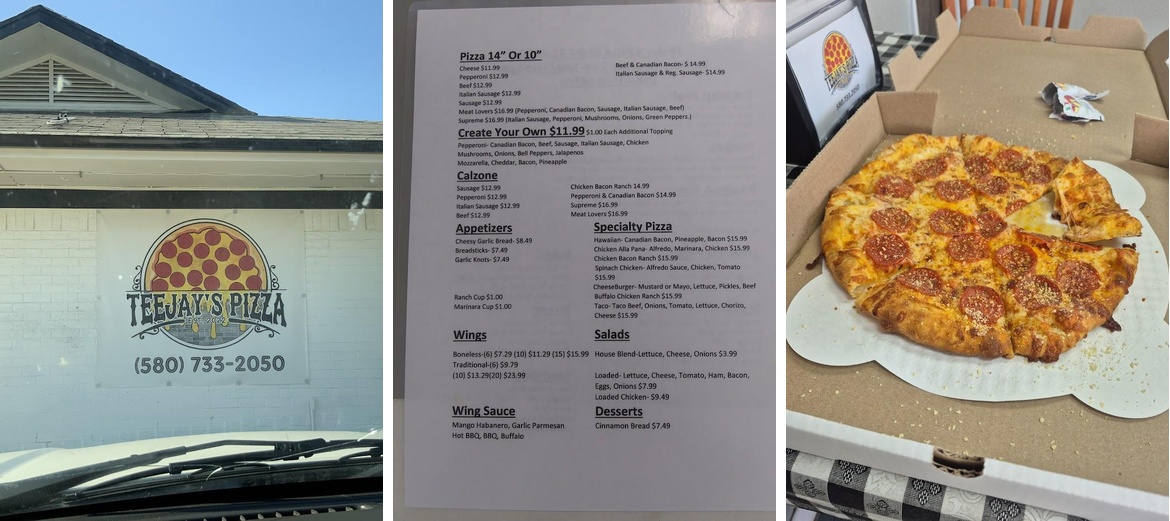 TeeJay's Pizza Menu