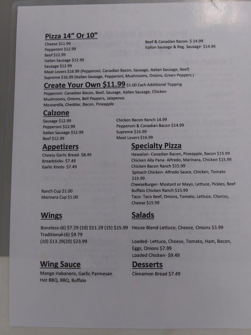 TeeJay's Pizza Menu